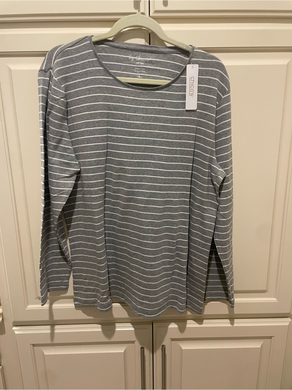 Chico's Gray and White Striped Long-Sleeve Crewneck